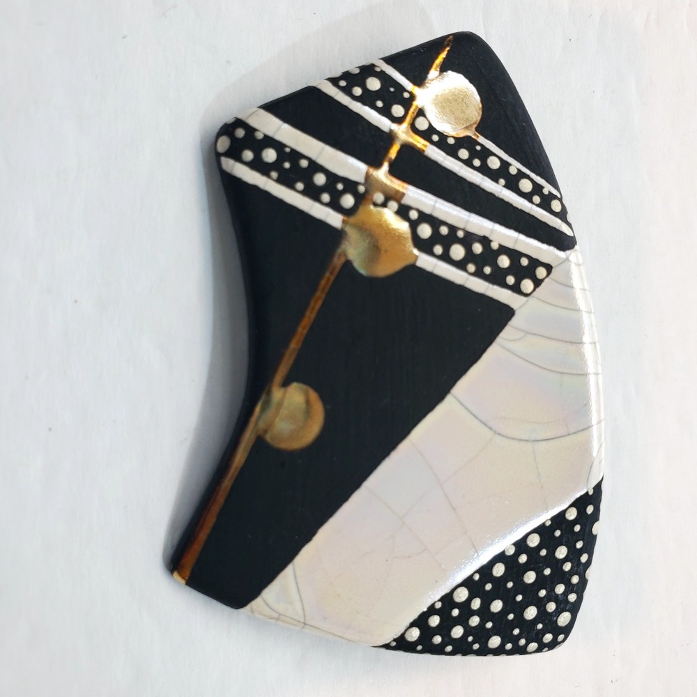 Vintage 80's Wooden Painted Eclectic Modern Art Brooch Pin Black White Gold
